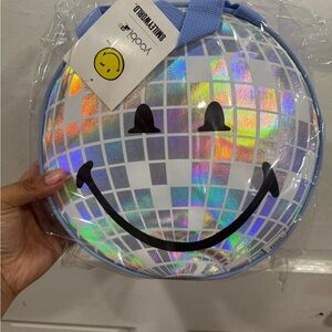 Yoobi Holographic Silver Smiley Carry Bag with Light Blue Trim